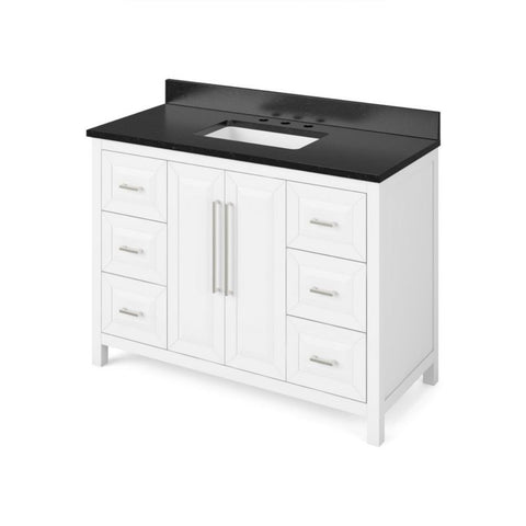 Image of Details of the 48" White Cade Vanity, Black Granite Vanity Top, undermount rectangle bowl by Jeffrey Alexander | VKITCAD48WHBGR