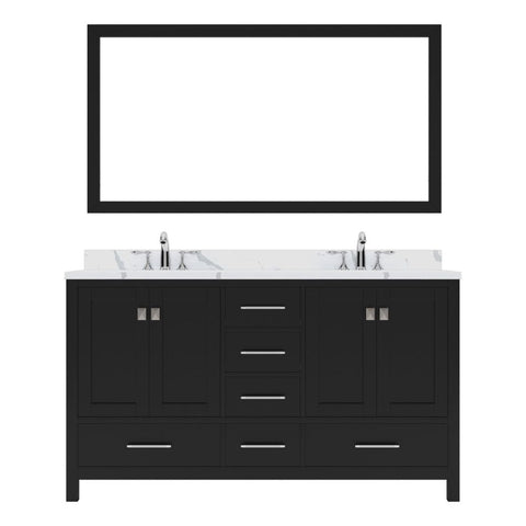 Image of Details of the Virtu USA Caroline Avenue 60" Double Bath Vanity in Espresso with Calacatta Quartz Top and Square Sinks with Brushed Nickel Faucets with Matching Mirror | GD-50060-CCSQ-ES-001
