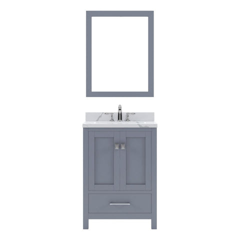 Image of Details of the Virtu USA Caroline Avenue 24" Single Bath Vanity in Gray with Calacatta Quartz Top and Round Sink with Polished Chrome Faucet with Matching Mirror | GS-50024-CCRO-GR-002