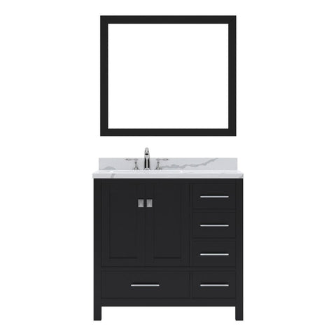 Image of Details of the Virtu USA Caroline Avenue 36" Single Bath Vanity in Espresso with Calacatta Quartz Top and Round Sink with Brushed Nickel Faucet with Matching Mirror | GS-50036-CCRO-ES-001