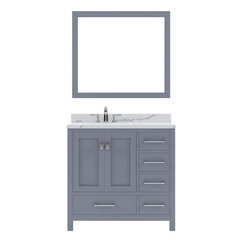 Image of Details of the Virtu USA Caroline Avenue 36" Single Bath Vanity in Gray with Calacatta Quartz Top and Round Sink with Brushed Nickel Faucet with Matching Mirror | GS-50036-CCRO-GR-001