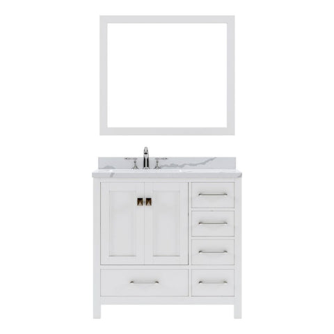 Image of Details of the Virtu USA Caroline Avenue 36" Single Bath Vanity in White with Calacatta Quartz Top and Round Sink with Polished Chrome Faucet with Matching Mirror | GS-50036-CCRO-WH-002