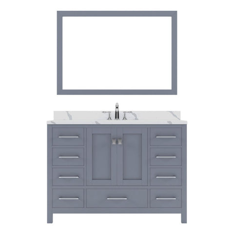 Image of Details of the Virtu USA Caroline Avenue 48" Single Bath Vanity in Gray with Calacatta Quartz Top and Round Sink with Brushed Nickel Faucet with Matching Mirror | GS-50048-CCRO-GR-001