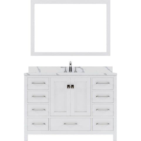 Image of Details of the Virtu USA Caroline Avenue 48" Single Bath Vanity in White with Calacatta Quartz Top and Round Sink with Polished Chrome Faucet with Matching Mirror | GS-50048-CCRO-WH-002