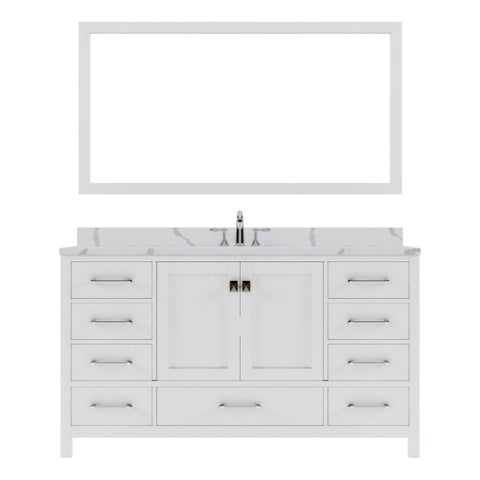 Image of Details of the Virtu USA Caroline Avenue 60" Single Bath Vanity in White with Calacatta Quartz Top and Round Sink with Polished Chrome Faucet with Matching Mirror | GS-50060-CCRO-WH-002Details of the Virtu USA Caroline Avenue 60" Single Bath Vanity in White with Calacatta Quartz Top and Round Sink with Polished Chrome Faucet with Matching Mirror | GS-50060-CCRO-WH-002