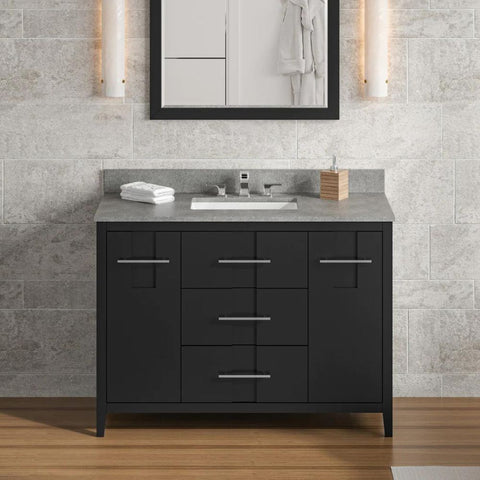 Image of Details of the 48" Black Katara Vanity, Steel Grey Cultured Marble Vanity Top, undermount rectangle bowl<span data-mce-fragment="1"> by Jeffrey Alexander</span><span data-mce-fragment="1"> | VKITKAT48BKSGR</span>