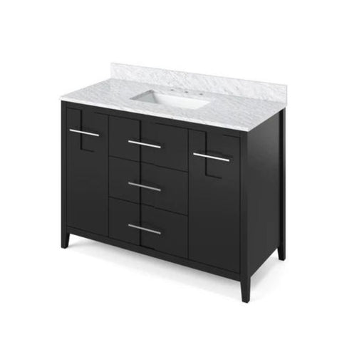 Image of Details of the 48" Black Katara Vanity, White Carrara Marble Vanity Top, undermount rectangle bowl<span data-mce-fragment="1"> by Jeffrey Alexander</span><span data-mce-fragment="1"> | VKITKAT48BKWCR</span>