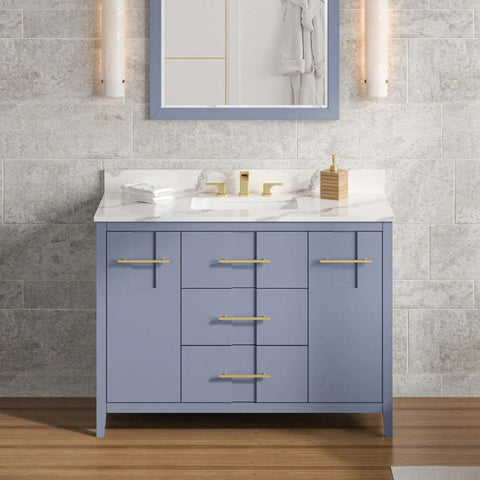 Image of Jeffrey Alexander Katara Modern 48" Blue Steel Single Sink Vanity w/ Calacatta Vienna Quartz Top | VKITKAT48BSCQR