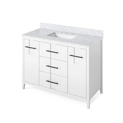 Image of Details of the 48" White Katara Vanity, White Carrara Marble Vanity Top, undermount rectangle bowl<span data-mce-fragment="1"> by Jeffrey Alexander</span><span data-mce-fragment="1"> | VKITKAT48WHWCR</span>