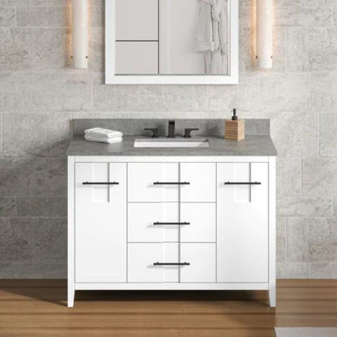 Image of Details of the 48" White Katara Vanity, Steel Grey Cultured Marble Vanity Top, undermount rectangle bowl<span data-mce-fragment="1"> by Jeffrey Alexander</span><span data-mce-fragment="1"> | VKITKAT48WHSGR</span>