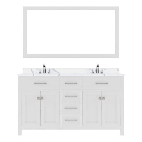 Image of Details of the Virtu USA Caroline 60" Double Bath Vanity in White with Calacatta Quartz Top and Round Sinks with Brushed Nickel Faucets with Matching Mirror | MD-2060-CCRO-WH-001