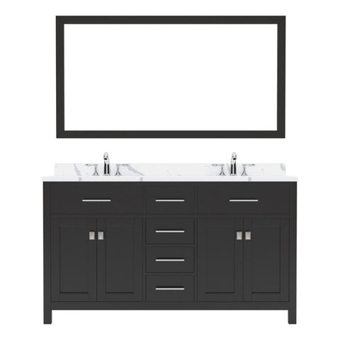 Image of Details of the Virtu USA Caroline 60" Double Bath Vanity in Espresso with Calacatta Quartz Top and Square Sinks with Polished Chrome Faucets with Matching Mirror | MD-2060-CCSQ-ES-002