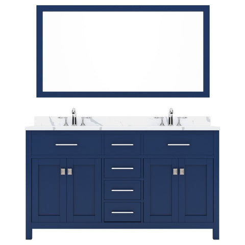 Image of Details of the Virtu USA Caroline 60" Double Bath Vanity in French Blue with Calacatta Quartz Top and Square Sinks with Polished Chrome Faucets with Matching Mirror | MD-2060-CCSQ-FB-002