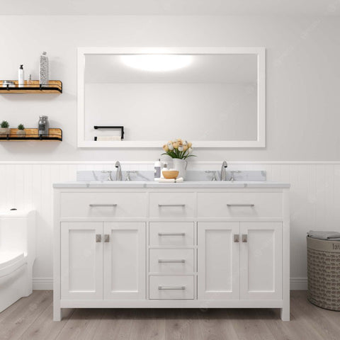 Image of Caroline White 60" Double Square Sink Vanity with Calacatta Quartz Top and Matching Mirror | MD-2060-CCSQ-WH