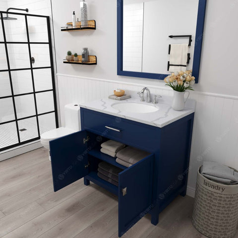 Image of Caroline French Blue 36" Single Round Sink Vanity with Calacatta Quartz Top and Matching Mirror | MS-2036-CCRO-FB