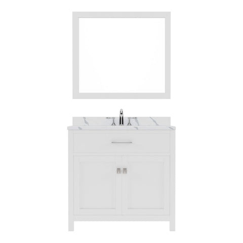 Image of Details of the Virtu USA Caroline 36" Double Bath Vanity in White with Calacatta Quartz Top and Round Sink with Matching Mirror | MS-2036-CCRO-WH