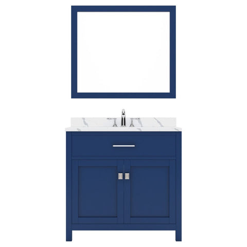 Image of Details of the Caroline 36" Single Bath Vanity in French Blue with Calacatta Quartz Top and Square Sink with Polished Chrome Faucet with Matching Mirror | MS-2036-CCSQ-FB-002