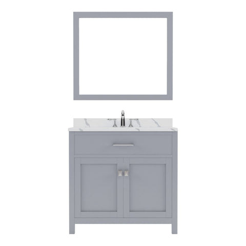 Image of Details of the Caroline 36" Single Bath Vanity in Gray with Calacatta Quartz Top and Square Sink with Brushed Nickel Faucet with Matching Mirror | MS-2036-CCSQ-GR-001