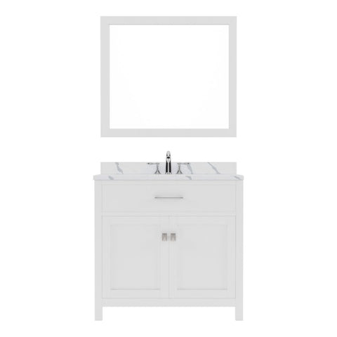 Image of Details of the Caroline 36" Single Bath Vanity in White with Calacatta Quartz Top and Square Sink with Brushed Nickel Faucet with Matching Mirror | MS-2036-CCSQ-WH-001