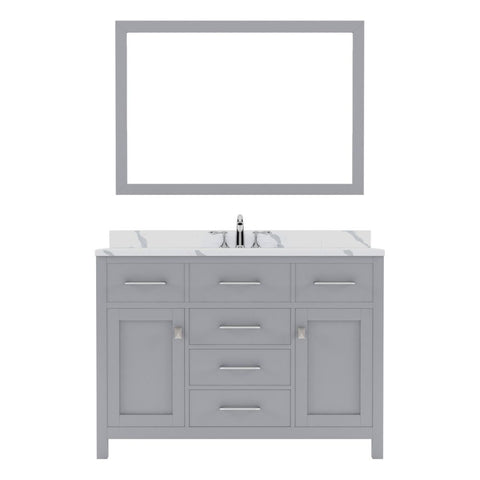 Image of Details of the Caroline 48" Single Bath Vanity in Gray with Calacatta Quartz Top and Round Sink with Brushed Nickel Faucet with Matching Mirror | MS-2048-CCRO-GR-001