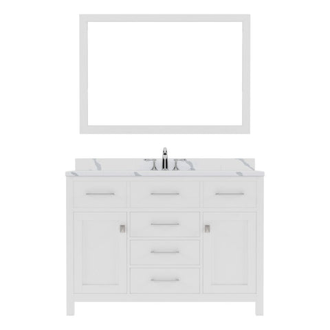 Image of Details of the Caroline 48" Single Bath Vanity in White with Calacatta Quartz Top and Round Sink with Brushed Nickel Faucet with Matching Mirror | MS-2048-CCRO-WH-001