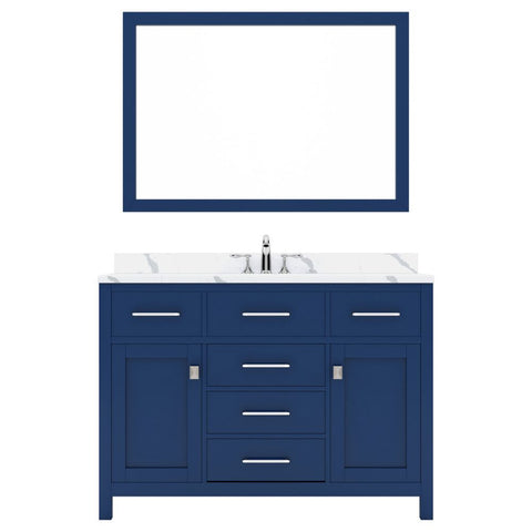 Image of Details of the Caroline 48" Single Bath Vanity in French Blue with Calacatta Quartz Top and Square Sink with Brushed Nickel Faucet with Matching Mirror | MS-2048-CCSQ-FB-001
