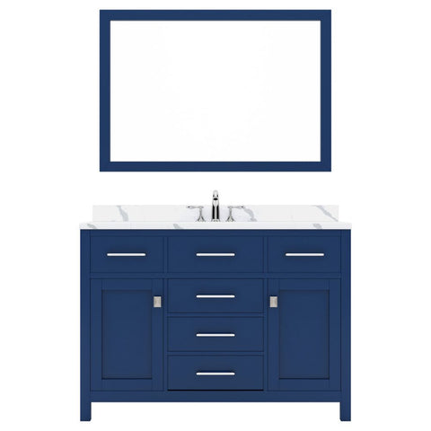 Image of Details of the Virtu USA Caroline 48" Single Bath Vanity in French Blue with Calacatta Quartz Top and Square Sink with Matching Mirror | MS-2048-CCSQ-FB