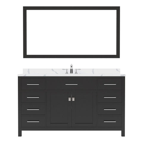 Image of Details of the Caroline 60" Single Bath Vanity in Espresso with Calacatta Quartz Top and Round Sink with Brushed Nickel Faucet with Matching Mirror | MS-2060-CCRO-ES-001