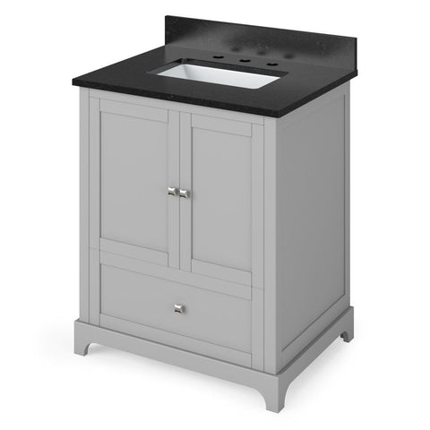 Image of Details of the 30" Grey Addington Vanity, Black Granite Vanity Top, undermount rectangle bowl by Jeffrey Alexander | VKITADD30GRBGR