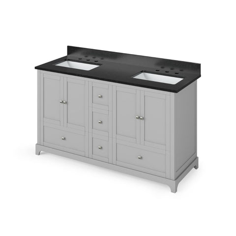 Image of Details of the Jeffrey Alexander 60" Grey Addington Vanity, double bowl, Black Granite Vanity Top, two undermount rectangle bowls | VKITADD60GRBGR