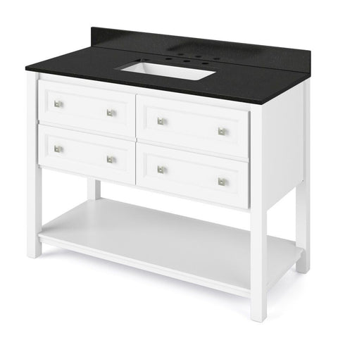 Image of Details of the 48" White Adler Vanity, Black Granite Vanity Top, undermount rectangle bowl by Jeffrey Alexander | VKITADL48WHBGR