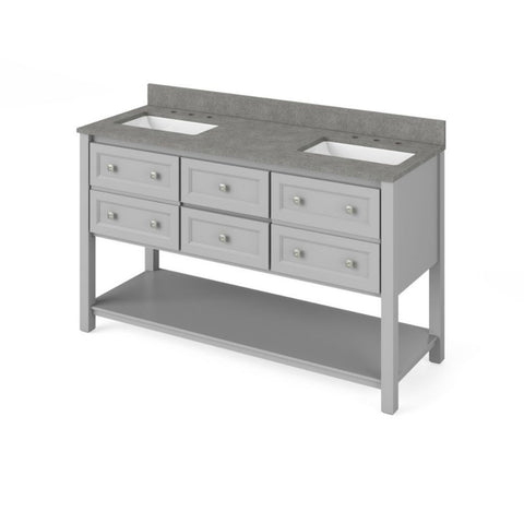 Image of Details of the 60" Grey Adler Vanity, double bowl, Steel Grey Cultured Marble Vanity Top, two undermount rectangle bowls by Jeffrey Alexander | VKITADL60GRSGR