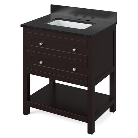 Image of Details of the 30" Espresso Astoria Vanity, Black Granite Vanity Top, undermount rectangle bowl by Jeffrey Alexander | VKITAST30ESBGR