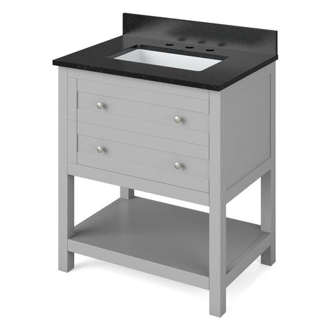 Image of Details of the 30" Grey Astoria Vanity, Black Granite Vanity Top, undermount rectangle bowl by Jeffrey Alexander | VKITAST30GRBGR