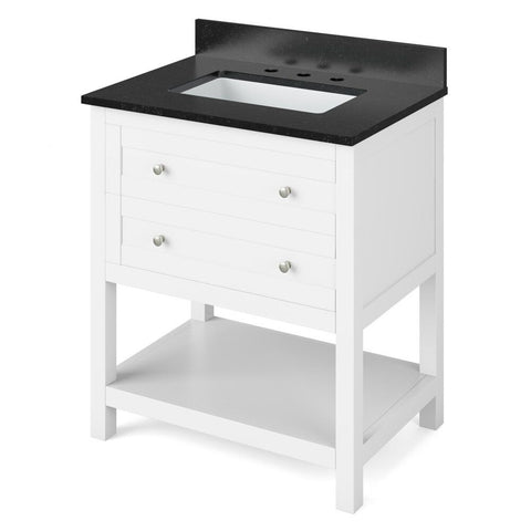 Image of Details of the 30" White Astoria Vanity, Black Granite Vanity Top, undermount rectangle bowl by Jeffrey Alexander | VKITAST30WHBGR