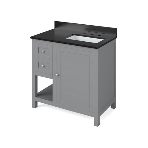 Image of Details of the 36" Grey Astoria Vanity, right offset, Black Granite Vanity Top, undermount rectangle bowl by Jeffrey Alexander | VKITAST36GRBGR