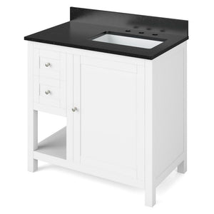 Details of the 36" White Astoria Vanity, right offset, Black Granite Vanity Top, undermount rectangle bowl by Jeffrey Alexander | VKITAST36WHBGR