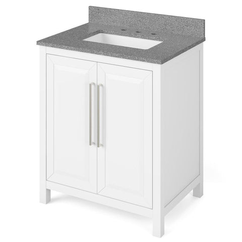 Image of Details of the 30" White Cade Vanity, Boulder Cultured Marble Vanity Top, undermount rectangle bowl by Jeffrey Alexander | VKITCAD30WHSGR