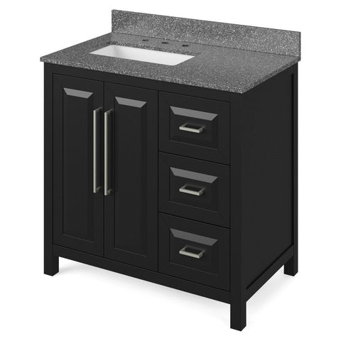 Image of Details of the 36" Black Cade Vanity, left offset, Boulder Vanity Cultured Marble Vanity Top, undermount rectangle bowl by Jeffrey Alexander | VKITCAD36BKBOR