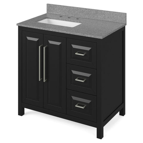 Image of Details of the 36" Black Cade Vanity, left offset, Steel Grey Cultured Marble Vanity Top, undermount rectangle bowl by Jeffrey Alexander | VKITCAD36BKSGR