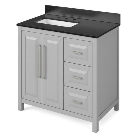 Image of Details of the 36" Grey Cade Vanity, left offset, Black Granite Vanity Top, undermount rectangle bowl by Jeffrey Alexander | VKITCAD36GRBGR