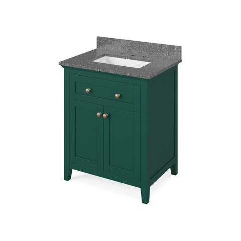 Image of Details of the 30" Forest Green Chatham Vanity, Boulder Cultured Marble Vanity Top, undermount rectangle bowl by Jeffrey Alexander | VKITCHA30GNBOR