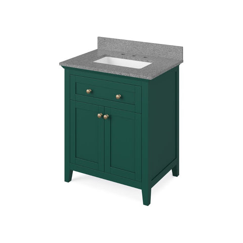 Image of Details of the 30" Forest Green Chatham Vanity, Steel Grey Cultured Marble Vanity Top, undermount rectangle bowl by Jeffrey Alexander | VKITCHA30GNSGR