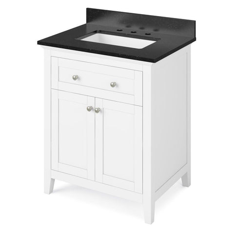 Image of Details of the 30" White Chatham Vanity, Black Granite Vanity Top, undermount rectangle bowl by Jeffrey Alexander | VKITCHA30WHBGR