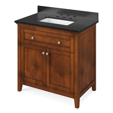 Image of Details of the 36" Chocolate Chatham Vanity, Black Granite Vanity Top, undermount rectangle bowl by Jeffrey Alexander | VKITCHA36CHBGR