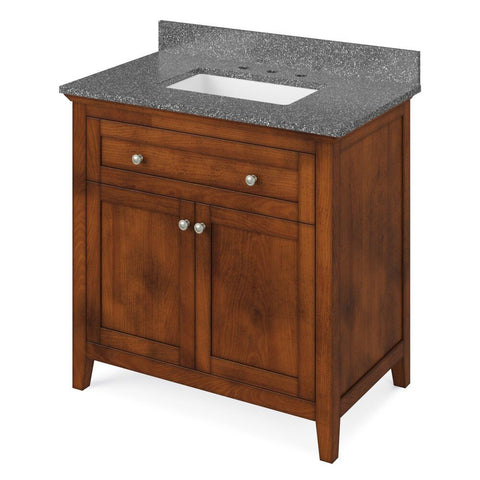 Image of Details of the 36" Chocolate Chatham Vanity, Boulder Cultured Marble Vanity Top, undermount rectangle bowl by Jeffrey Alexander | VKITCHA36CHBOR