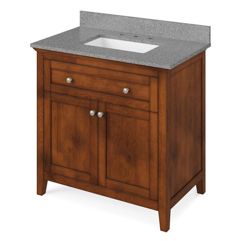 Image of Details of the 36" Chocolate Chatham Vanity, Steel Grey Cultured Marble Vanity Top, undermount rectangle bowl by Jeffrey Alexander | VKITCHA36CHSGR