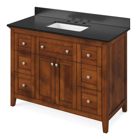 Image of Details of the 48" Chocolate Chatham Vanity, Black Granite Vanity Top, undermount rectangle bowl by Jeffrey Alexander | VKITCHA48CHBGR