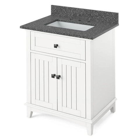Image of Details of the 30" White Savino Vanity, Boulder Cultured Marble Vanity Top, undermount rectangle bowl by Jeffrey Alexander | VKITSAV30WHBOR