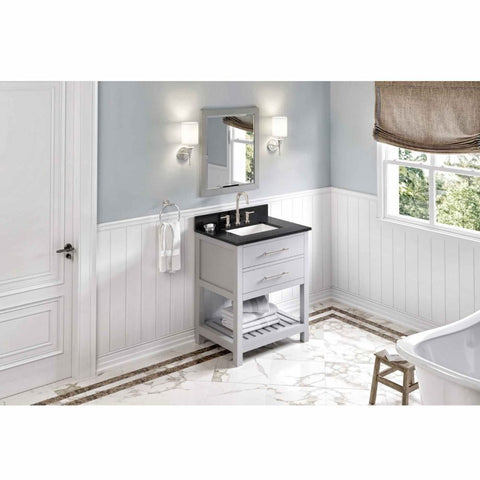 Image of Escape to the seaside with the Wavecrest vanity. Crisp, clean edges and a slatted bottom shelf evoke a coastal calm feeling.